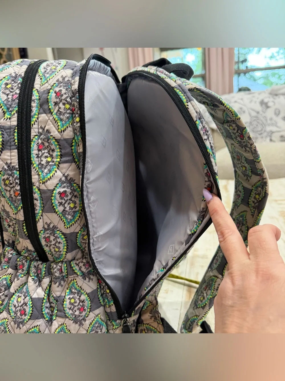 Vera Bradley Backpack Campus Tech Laptop Bag Gray Quilted Green & Pink Accents